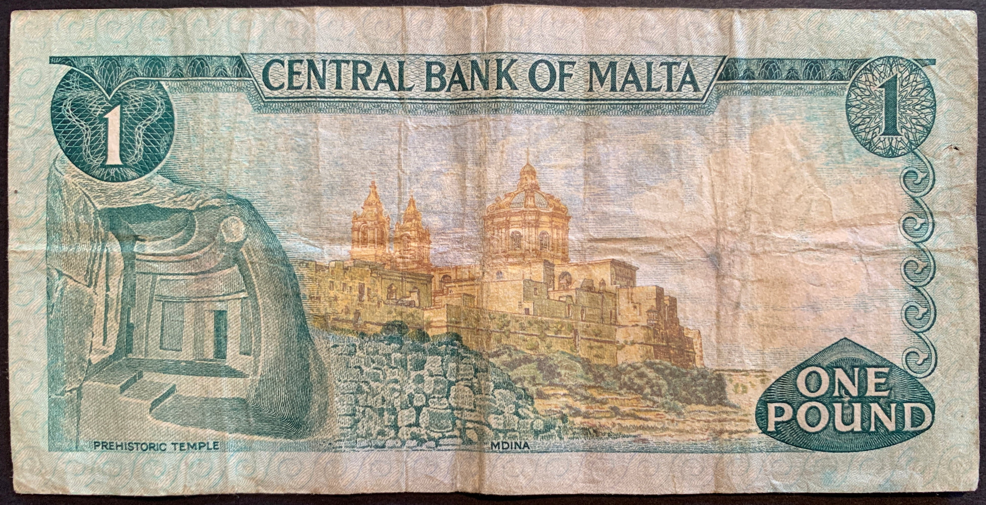Malta 1 Lira ND (1973) P-31d collectible vintage pre-euro banknote with  Prehistoric temple and Mdina cathedral