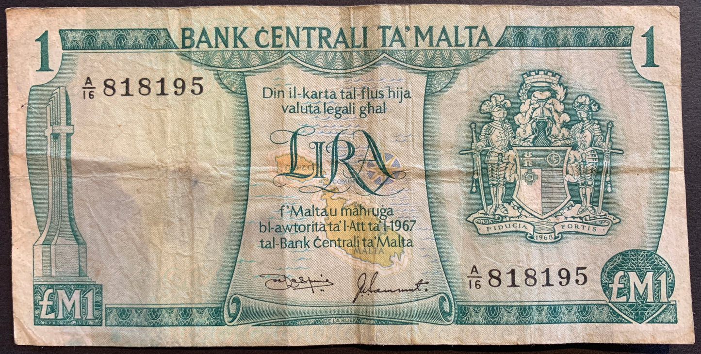 Malta 1 Lira ND (1973) P-31d collectible pre-euro banknote with map of malta and coat of arms