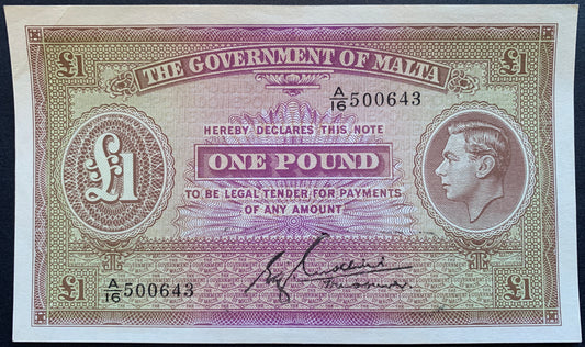 Malta 1 Pound ND (1940) P-20b AUNC collectible world war 2 banknote with portrait of King George VI