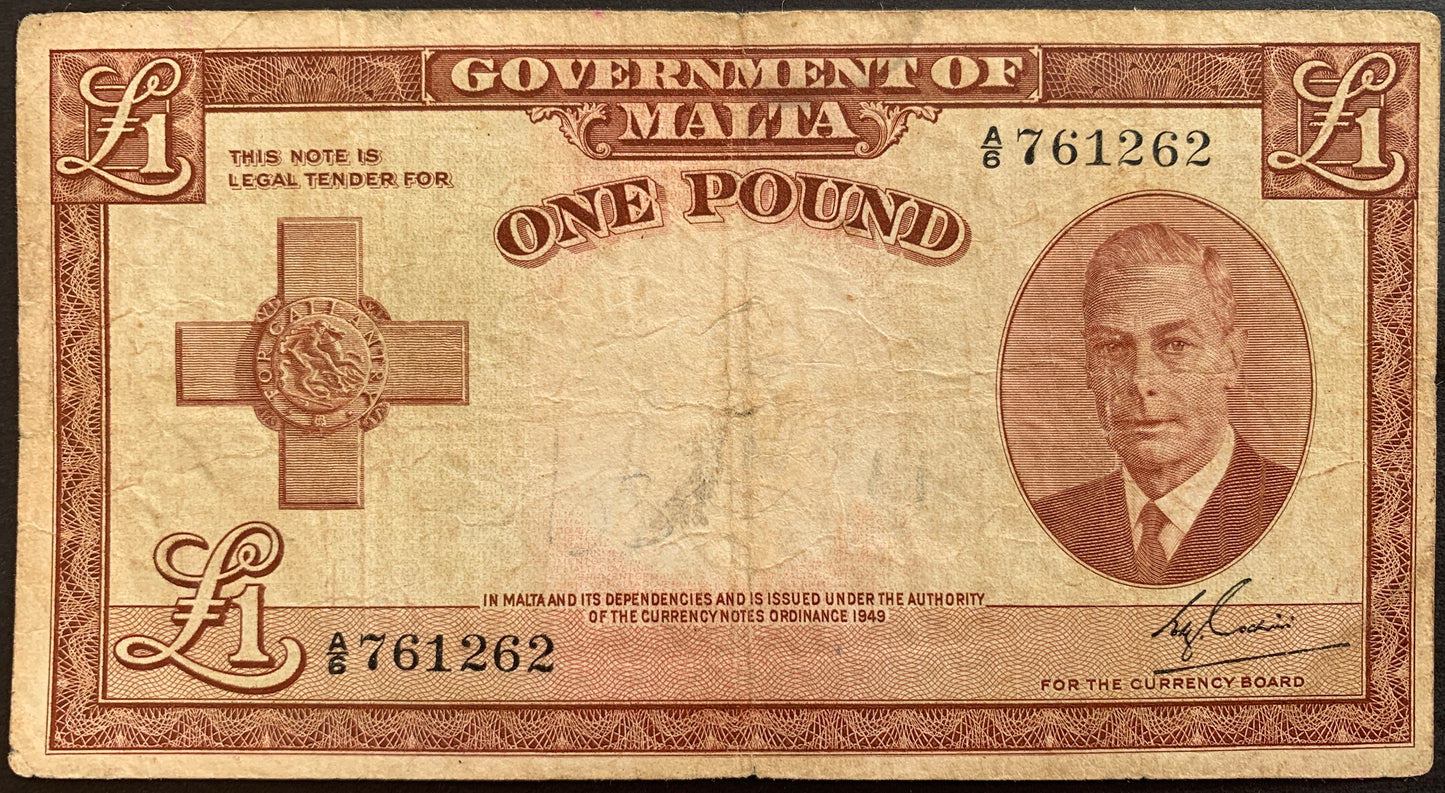 front of Malta 1 Pound ND (1951) P-22 F+ collectible vintage banknote with portrait of King George VI