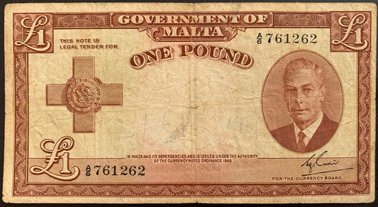 front of Malta 1 Pound ND (1951) P-22 F+ collectible vintage banknote with portrait of King George VI