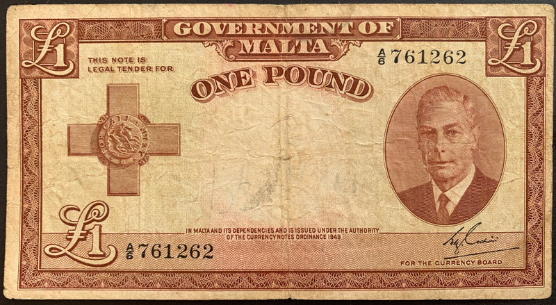 front of Malta 1 Pound ND (1951) P-22 F+ collectible vintage banknote with portrait of King George VI