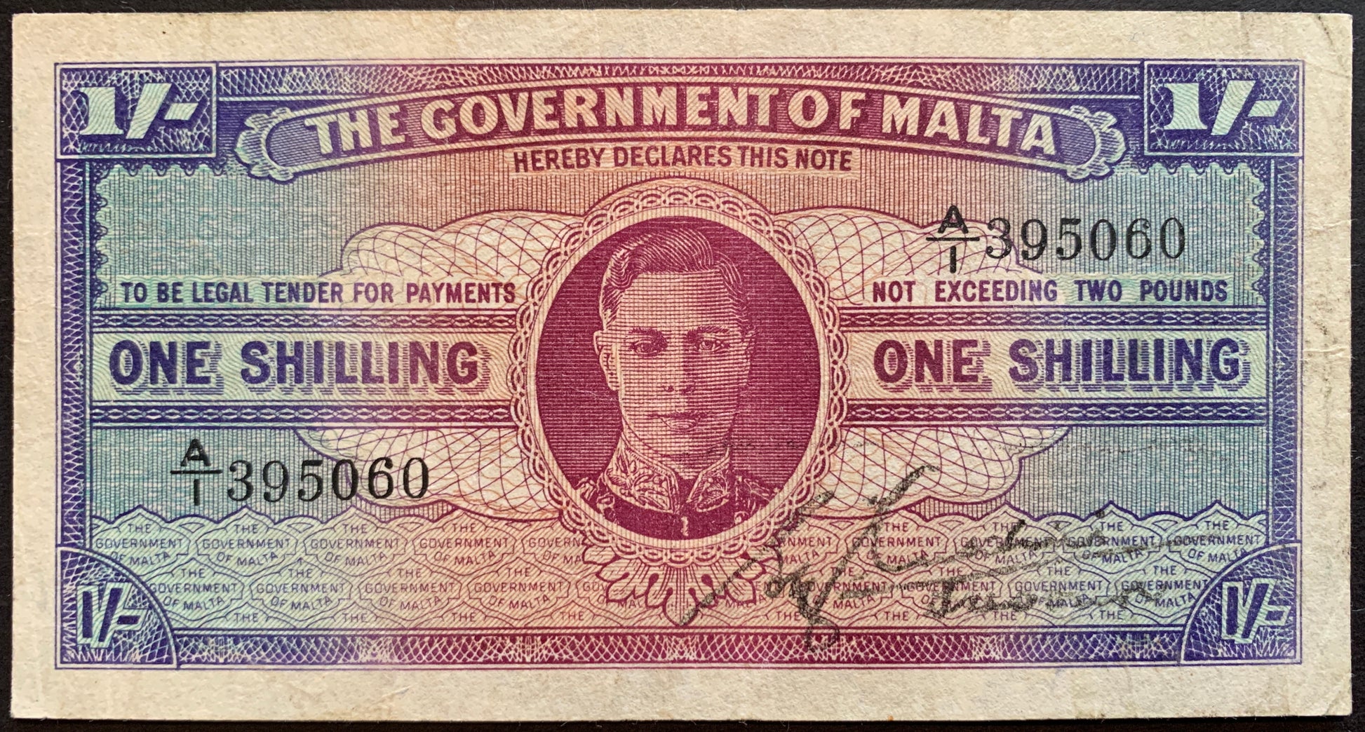 Malta 1 Shilling ND (1943) P-16 VF collectible world war two era vintage banknote with portrait of King George VI