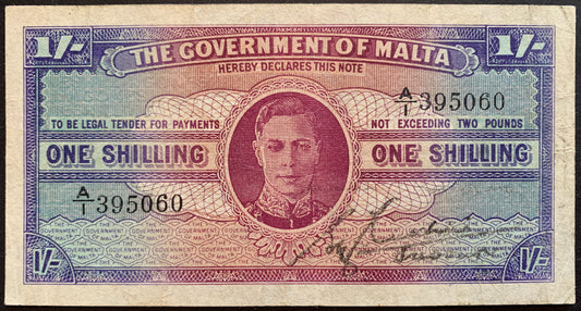 Malta 1 Shilling ND (1943) P-16 VF collectible world war two era vintage banknote with portrait of King George VI