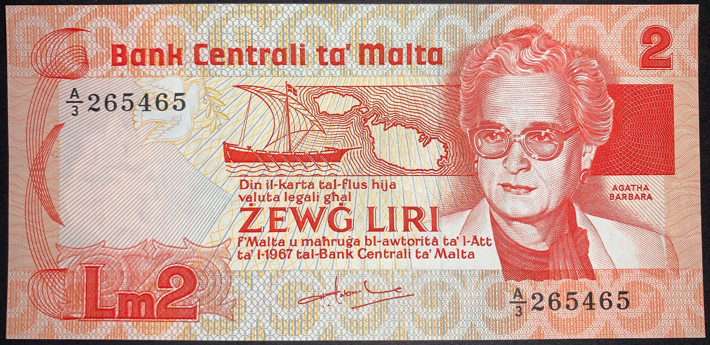 Malta 2 Liri banknote ND (1986) P-37 obverse featuring Agatha Barbara at right, a traditional Maltese boat sailing before a map of Malta, dove motif, and intricate security patterns. Red, orange, and gray design issued by the Central Bank of Malta.