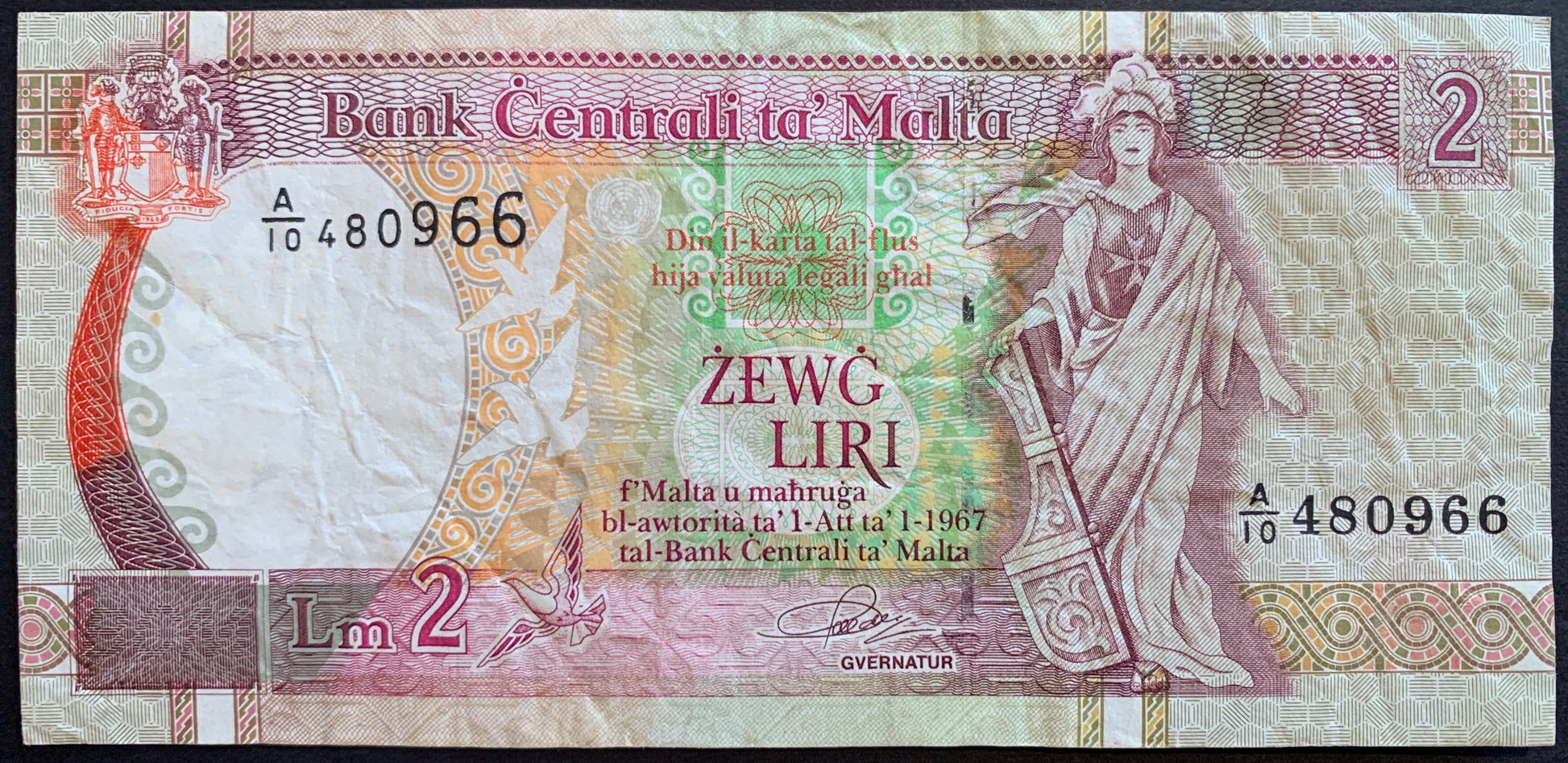 Malta 2 Liri ND (1994) P-45a collectible vintage pre-euro banknote with personification of Malta, doves, and mosaic tiles