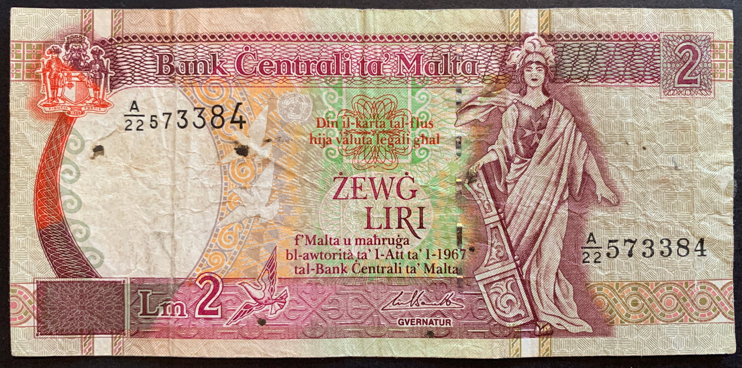 Malta 2 Liri ND (1999-2007) P-45d F+ collectible pre-euro banknote with doves, mosaic, and personification of Malta
