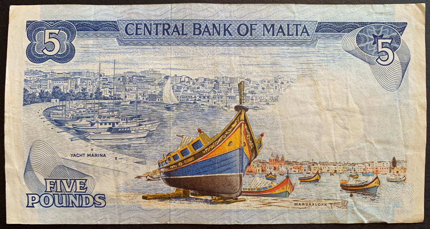 Malta 5 Liri ND (1973) P-32c collectible vintage pre-euro banknote with Yacht Marina, Marsaxlokk