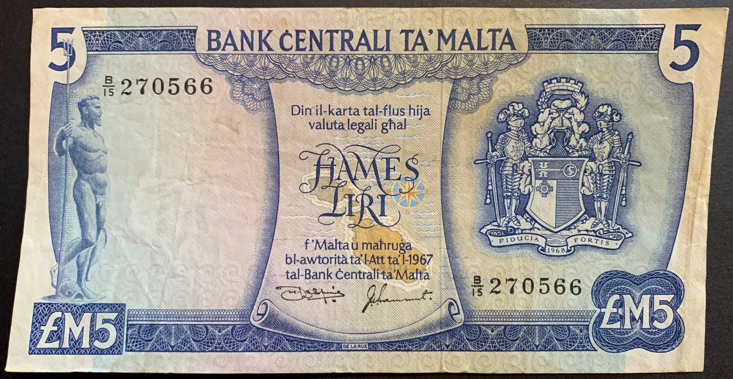 Malta 5 Liri ND (1973) P-32c collectible vintage pre-euro banknote with map of Malta and coat of arms