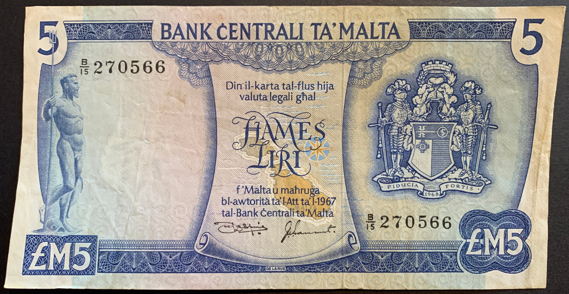 Malta 5 Liri ND (1973) P-32c collectible vintage pre-euro banknote with map of Malta and coat of arms