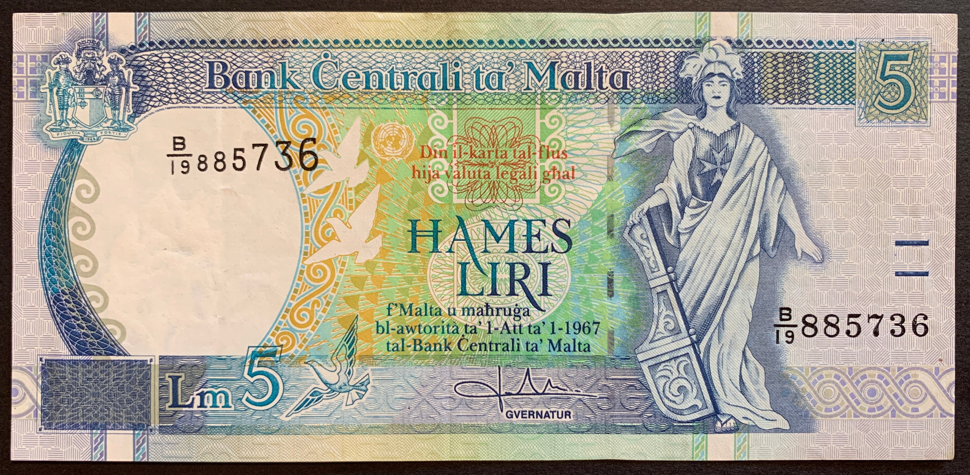 Malta 5 Liri ND (1994-1997) P-46b VF collectible pre-euro banknote with personification of Malta, doves, and mosaic