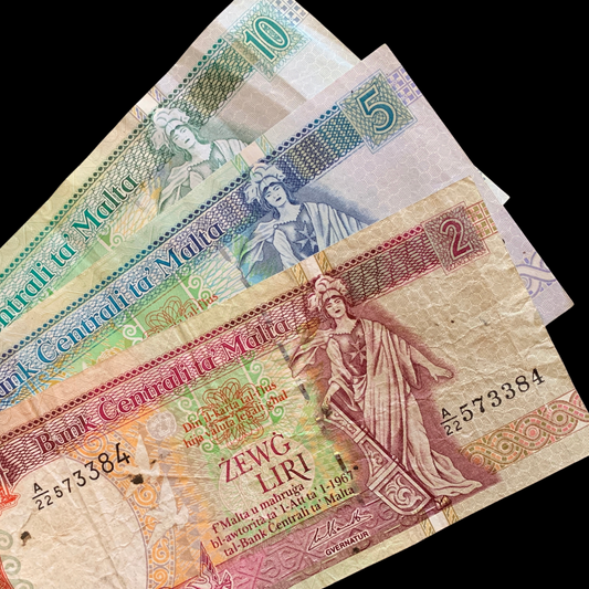 Three Malta pre-Euro Liri banknotes