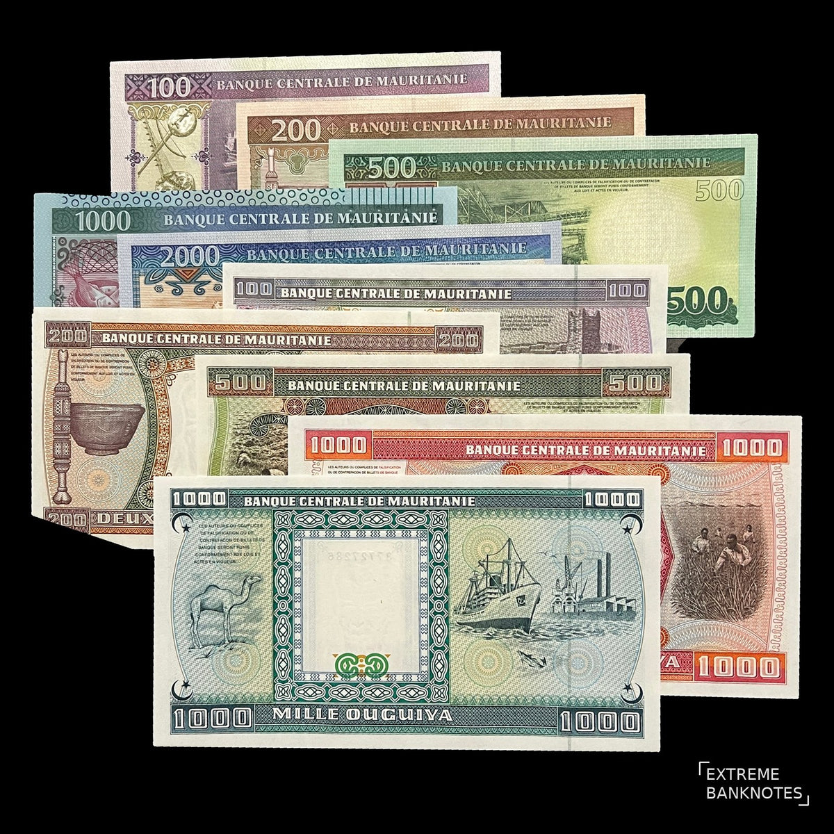 Back view of ten Mauritania Ouguiya banknotes showing a camel, cargo ship, harvesters, the Chinguetti mosque and traditional objects.