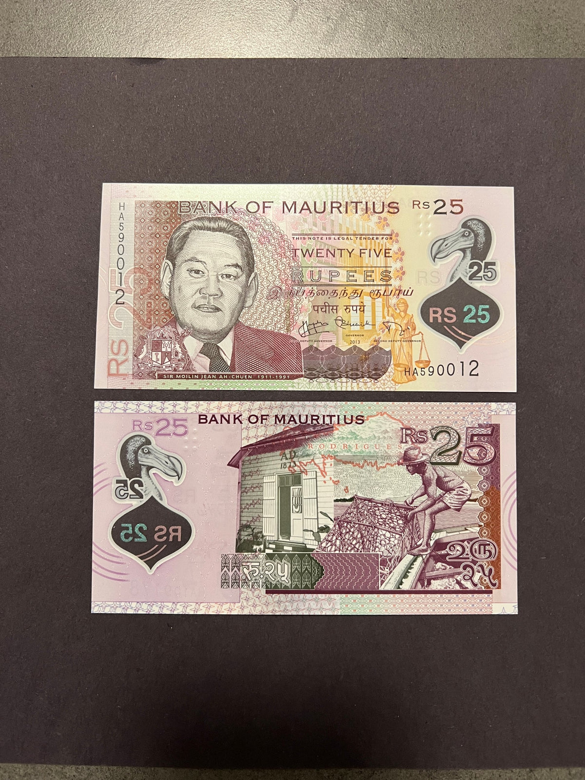Original unedited photo of a Mauritius 25 Rupees 2013 P-64 UNC polymer banknote, front and back
