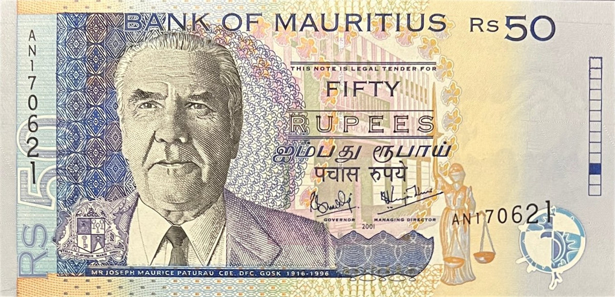 Front view of an uncirculated 2001 Mauritius 50 Rupees banknote featuring Joseph Maurice Paturau and Lady Justice.