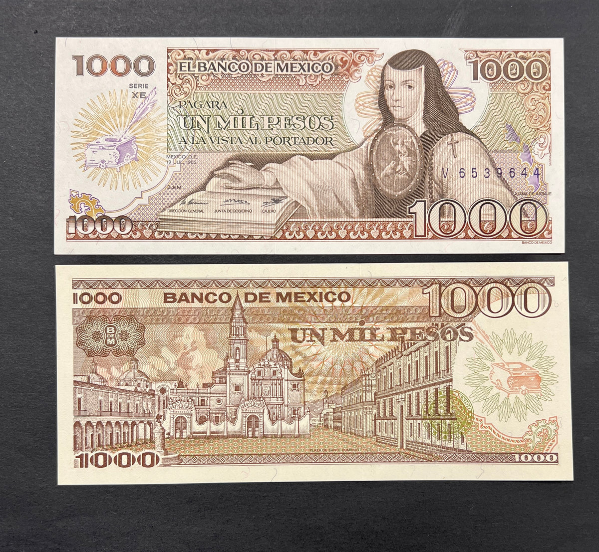 Front view of a crisp, uncirculated 1985 Mexico 1000 Pesos banknote featuring a portrait of the famous poet and nun, Sor Juana Ines de la Cruz.
Back view of a 1985 Mexico 1000 Pesos banknote showcasing a detailed vintage engraving of the historic Plaza de Santo Domingo in Mexico City.
