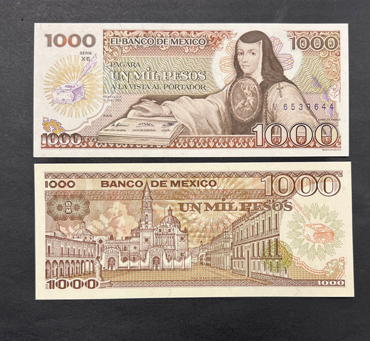 Front view of a crisp, uncirculated 1985 Mexico 1000 Pesos banknote featuring a portrait of the famous poet and nun, Sor Juana Ines de la Cruz.
Back view of a 1985 Mexico 1000 Pesos banknote showcasing a detailed vintage engraving of the historic Plaza de Santo Domingo in Mexico City.
