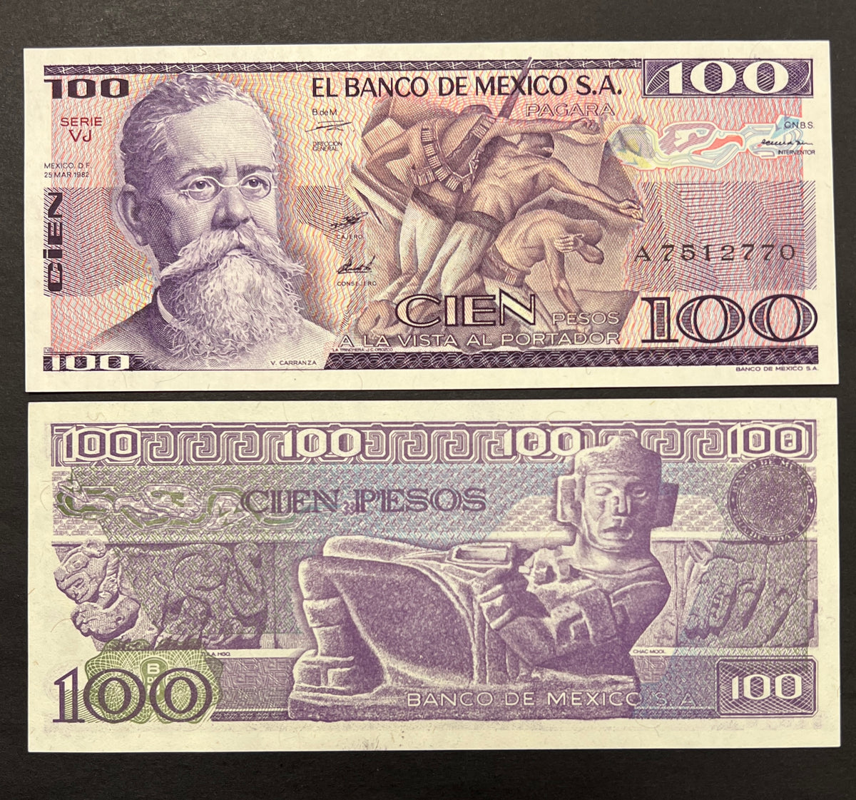 Front view of a crisp, uncirculated 1982 Mexico 100 Pesos banknote featuring a portrait of President Venustiano Carranza and a dynamic mural of the Mexican Revolution. Back view of a 1982 Mexico 100 Pesos banknote showcasing a detailed engraving of the ancient Chac Mool stone sculpture.
