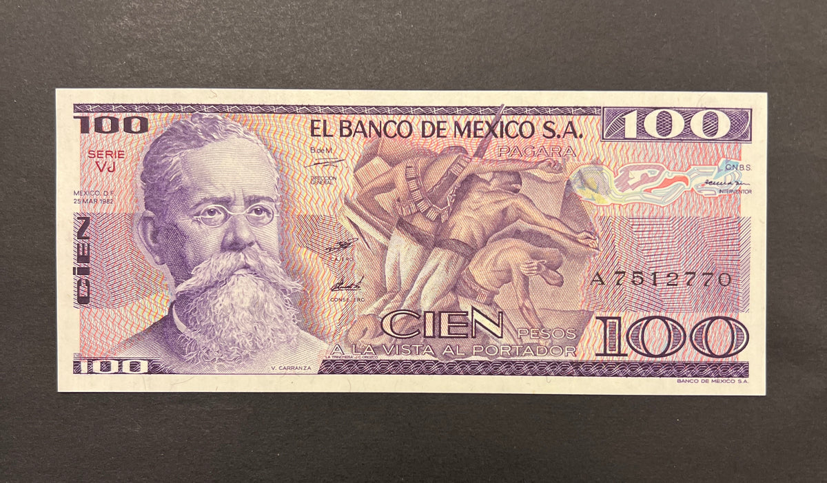Front view of a crisp, uncirculated 1982 Mexico 100 Pesos banknote featuring a portrait of President Venustiano Carranza and a dynamic mural of the Mexican Revolution.