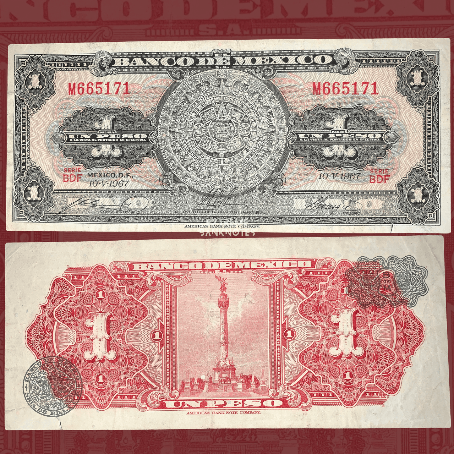 Authentic Mexico 1 Peso banknote dated 10 May 1967, Pick P-59j. Obverse features the Aztec Sun Stone (Calendar Stone) with ornate security patterns, while the reverse depicts the Angel of Independence monument in Mexico City. Front and back views of the collectible banknote.