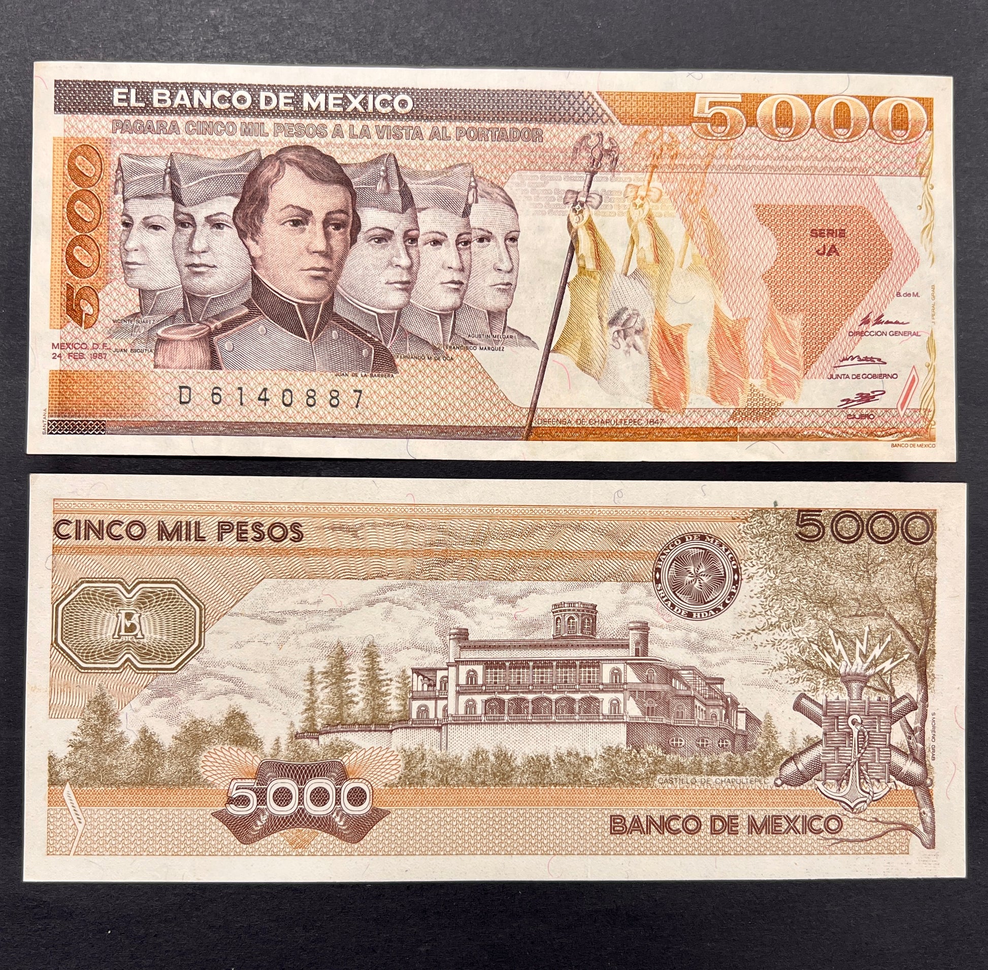 Front view of a crisp, uncirculated 1987 Mexico 5000 Pesos banknote featuring the portraits of the six Niños Héroes (Boy Heroes) and the Mexican flag. Back view of a 1987 Mexico 5000 Pesos banknote showcasing a detailed vintage engraving of the historic Chapultepec Castle in Mexico City.
