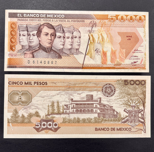 Front view of a crisp, uncirculated 1987 Mexico 5000 Pesos banknote featuring the portraits of the six Niños Héroes (Boy Heroes) and the Mexican flag. Back view of a 1987 Mexico 5000 Pesos banknote showcasing a detailed vintage engraving of the historic Chapultepec Castle in Mexico City.
