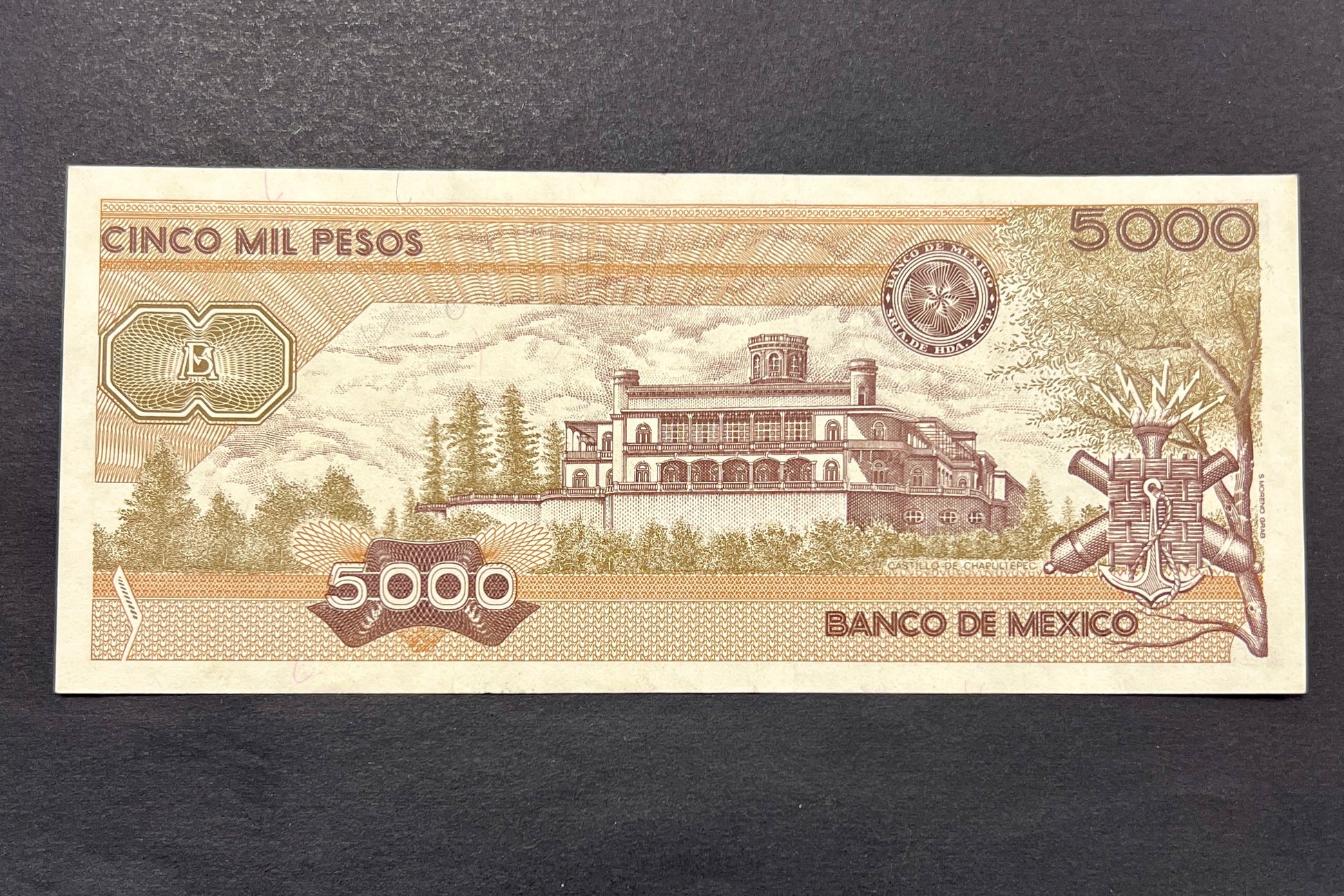 Back view of a 1987 Mexico 5000 Pesos banknote showcasing a detailed vintage engraving of the historic Chapultepec Castle in Mexico City.
