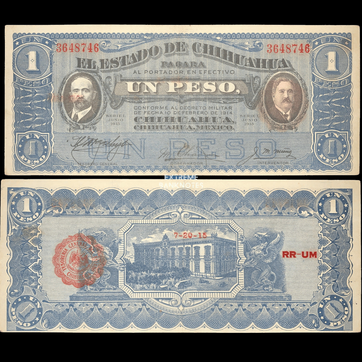 Authentic Mexico Chihuahua 1 Peso banknote showing the obverse and reverse, issued during the Mexican Revolution with portraits on the front and a government building on the reverse.