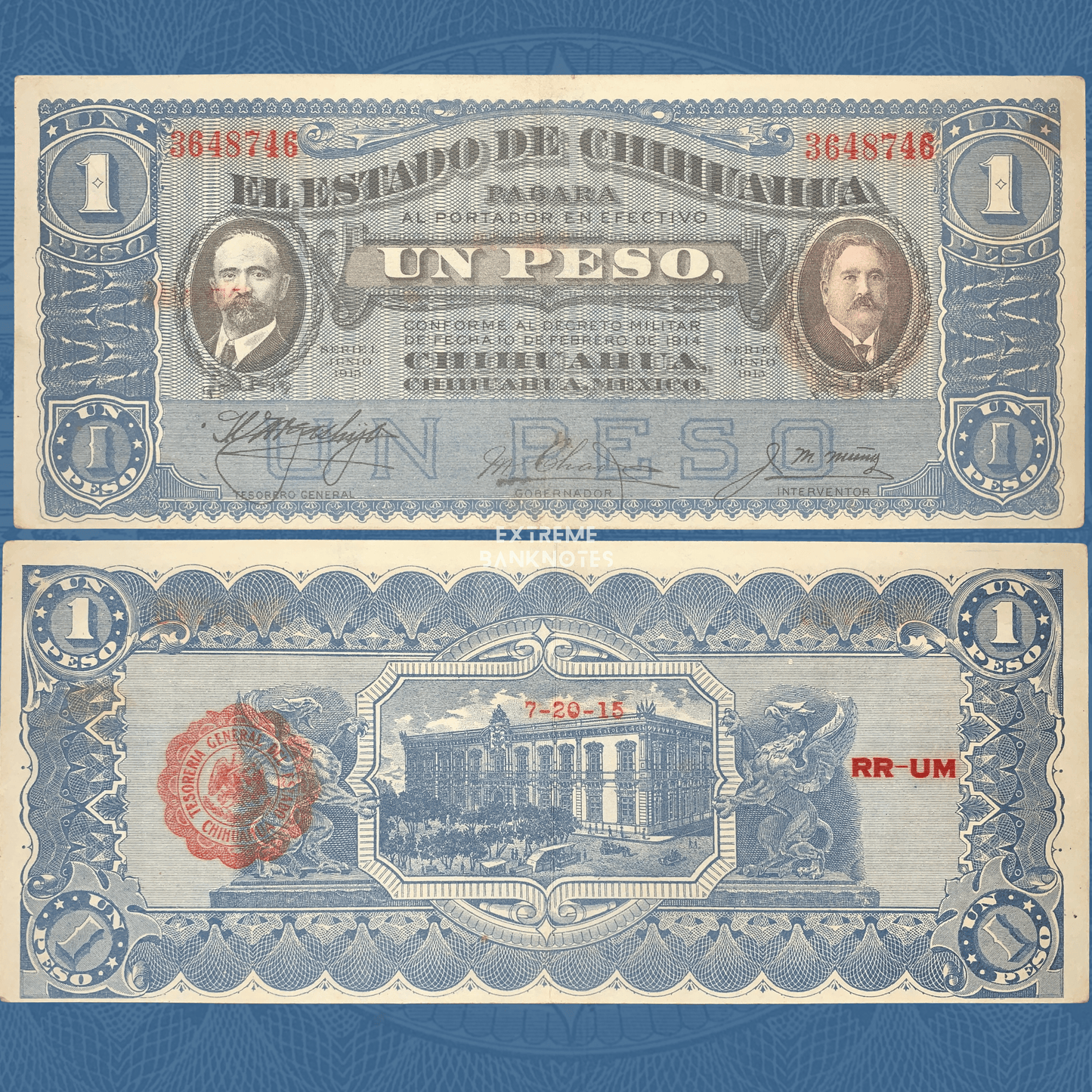 Authentic Mexico Chihuahua 1 Peso banknote showing the obverse and reverse, issued during the Mexican Revolution with portraits on the front and a government building on the reverse.