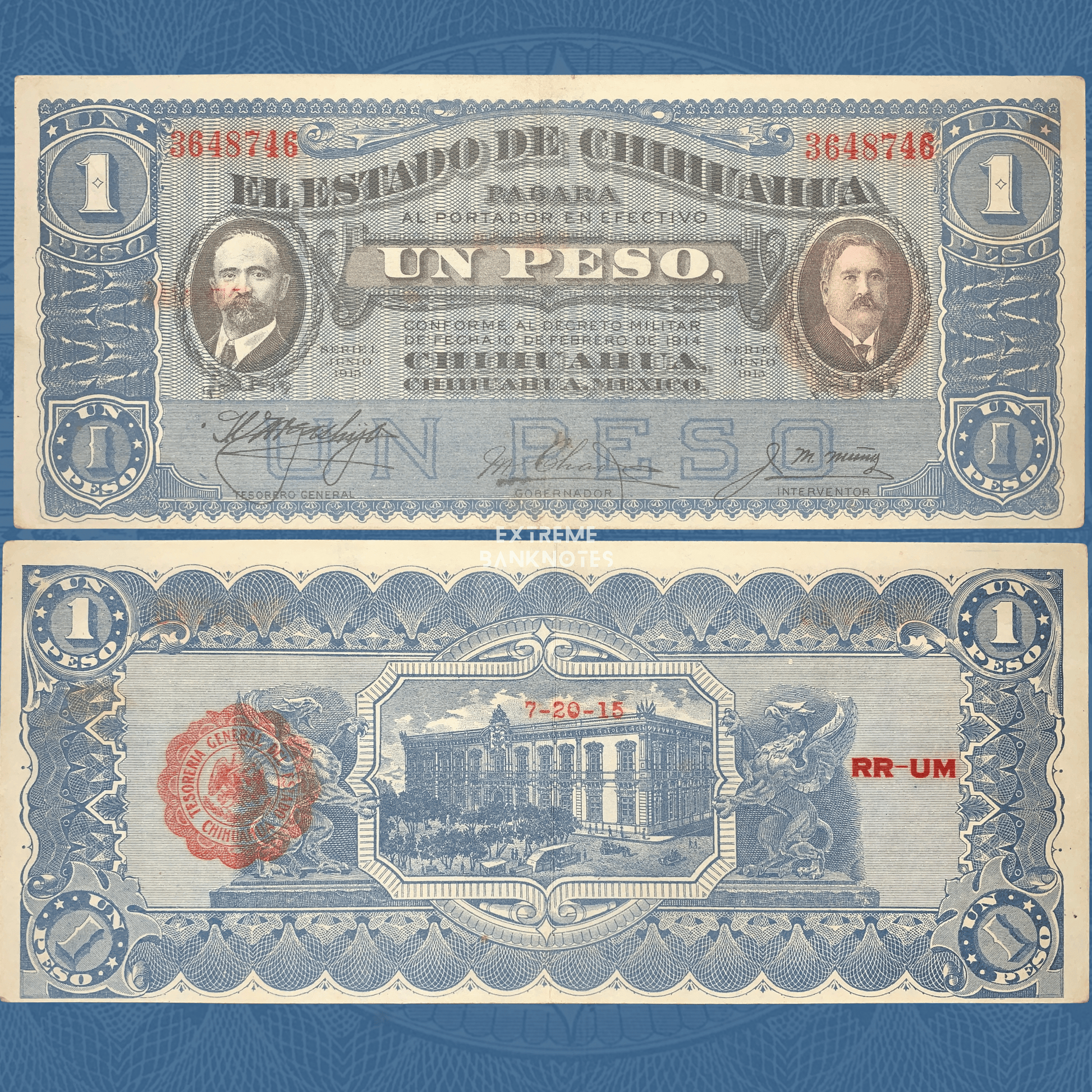 Authentic Mexico Chihuahua 1 Peso banknote showing the obverse and reverse, issued during the Mexican Revolution with portraits on the front and a government building on the reverse.