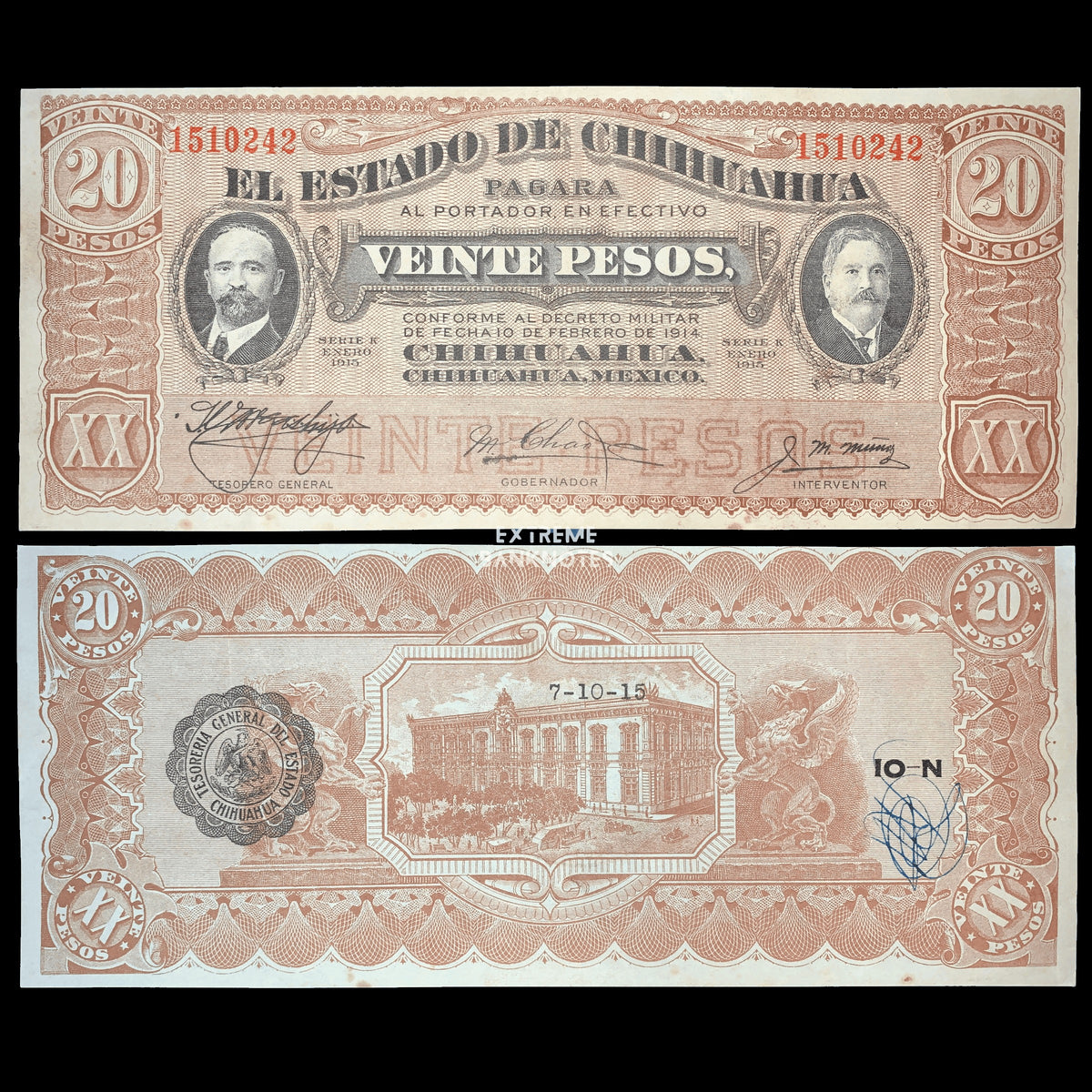 Authentic Mexico Chihuahua 20 Pesos banknote displaying the front and back, featuring revolutionary-era portraits, official seals, and an engraved government building on the reverse.