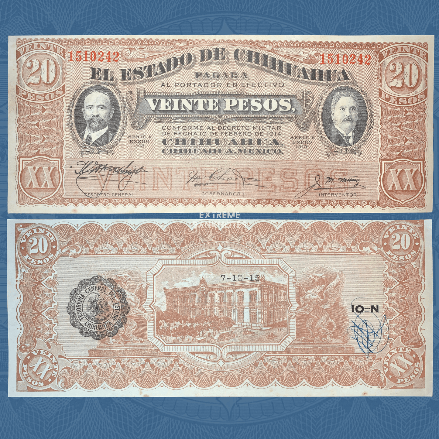 Authentic Mexico Chihuahua 20 Pesos banknote displaying the front and back, featuring revolutionary-era portraits, official seals, and an engraved government building on the reverse.