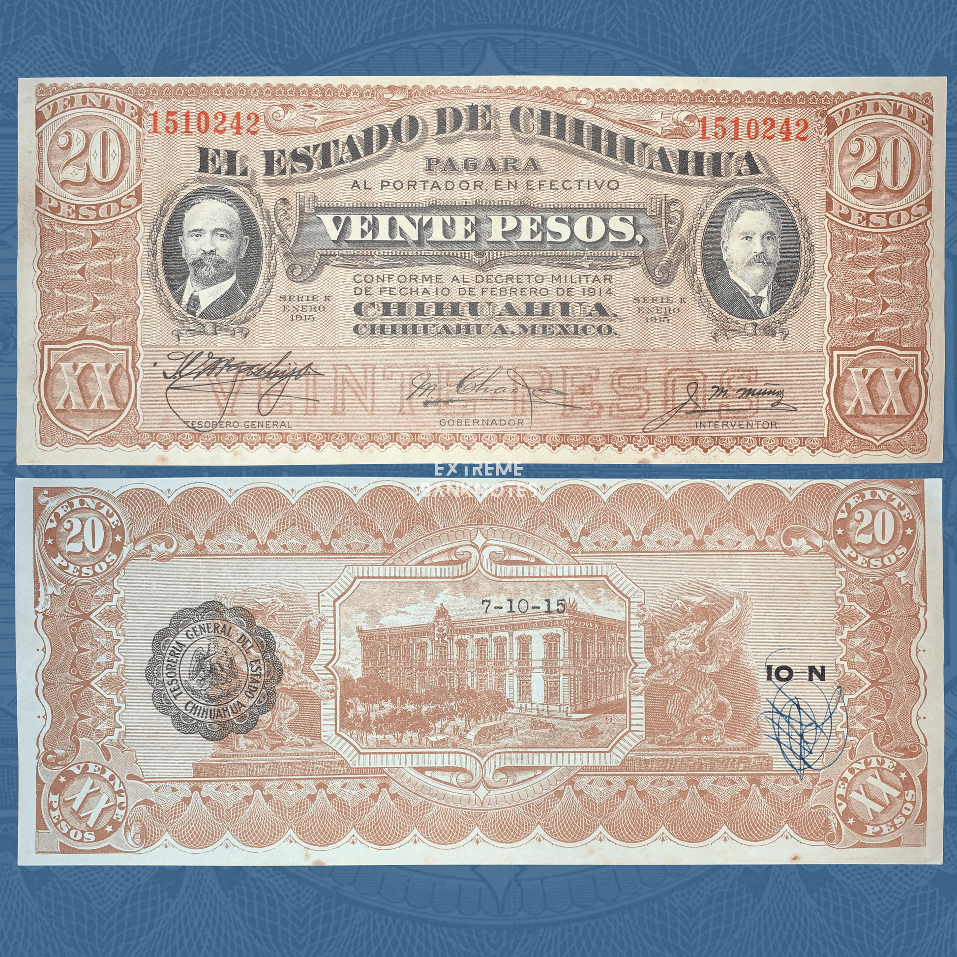 Authentic Mexico Chihuahua 20 Pesos banknote displaying the front and back, featuring revolutionary-era portraits, official seals, and an engraved government building on the reverse.