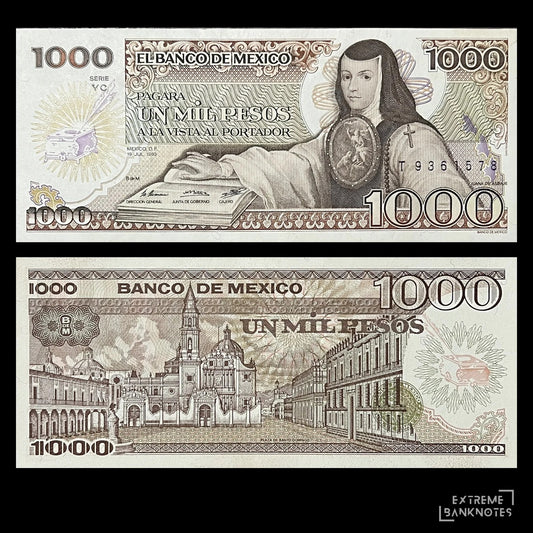 Mexico 1000 Pesos 1985 P-85 AUNC banknote – front with Sor Juana Inés de la Cruz, back with the Plaza de Santo Domingo