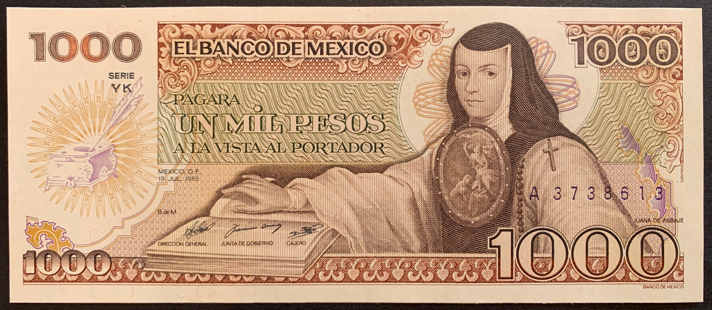 México 1000 Pesos 1985 P-85 vintage banknote with portrait of nun with book