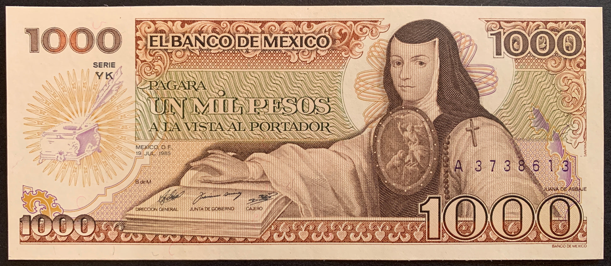 México 1000 Pesos 1985 P-85 vintage banknote with portrait of nun with book