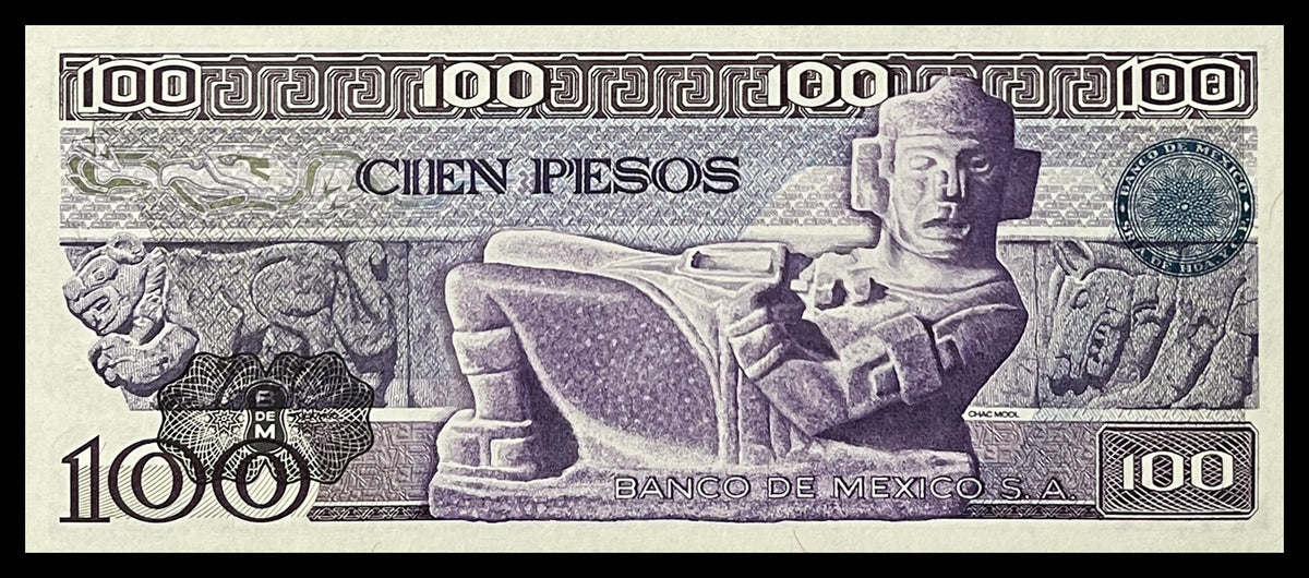Back view of a 1974 Mexico 100 Pesos banknote showing a Toltec Chac Mool sculpture with Tula reliefs.