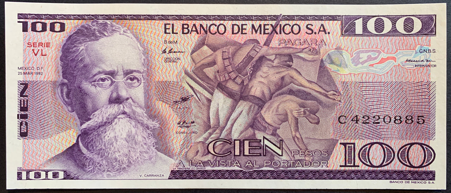 México 100 Pesos 1982 P-74c vintage banknote with portrait of man and revolutionary fighters