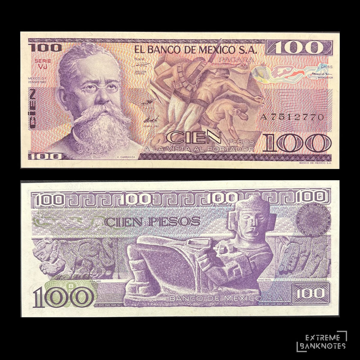 Front view of a crisp, uncirculated 1982 Mexico 100 Pesos banknote featuring a portrait of President Venustiano Carranza and a dynamic mural of the Mexican Revolution. Back view of a 1982 Mexico 100 Pesos banknote showcasing a detailed engraving of the ancient Chac Mool stone sculpture.
