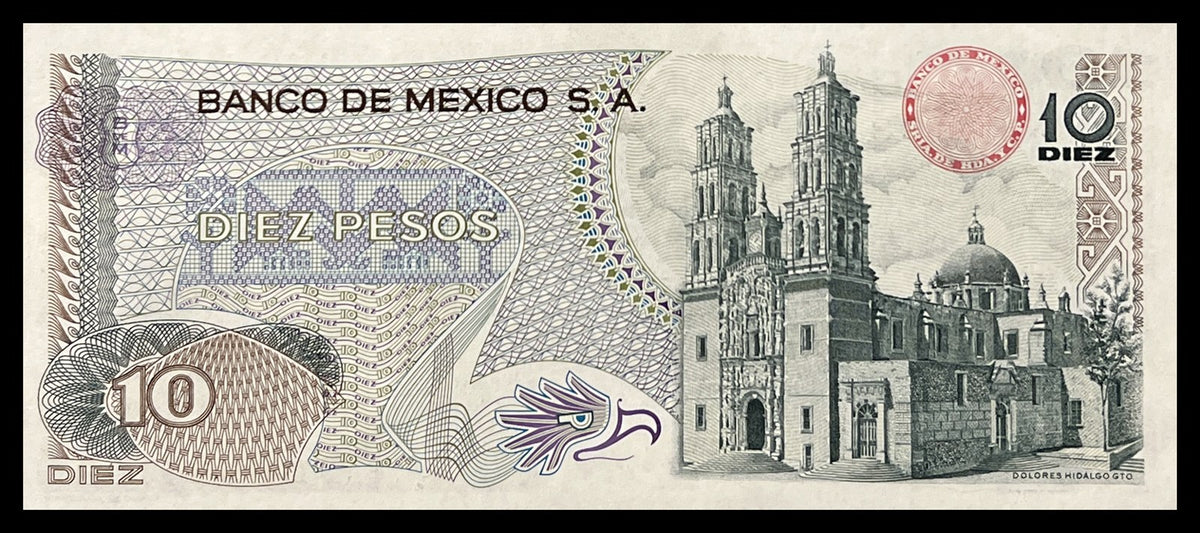 Back view of a 1974 Mexico 10 Pesos banknote showing the parish church of Dolores Hidalgo, Guanajuato.