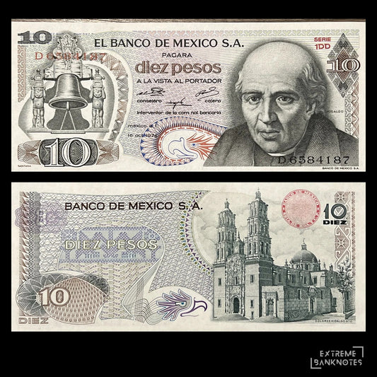 Mexico 10 Pesos 1974 P-63g AUNC banknote – front with Miguel Hidalgo and the Bell of Dolores, back with the church of Dolores Hidalgo