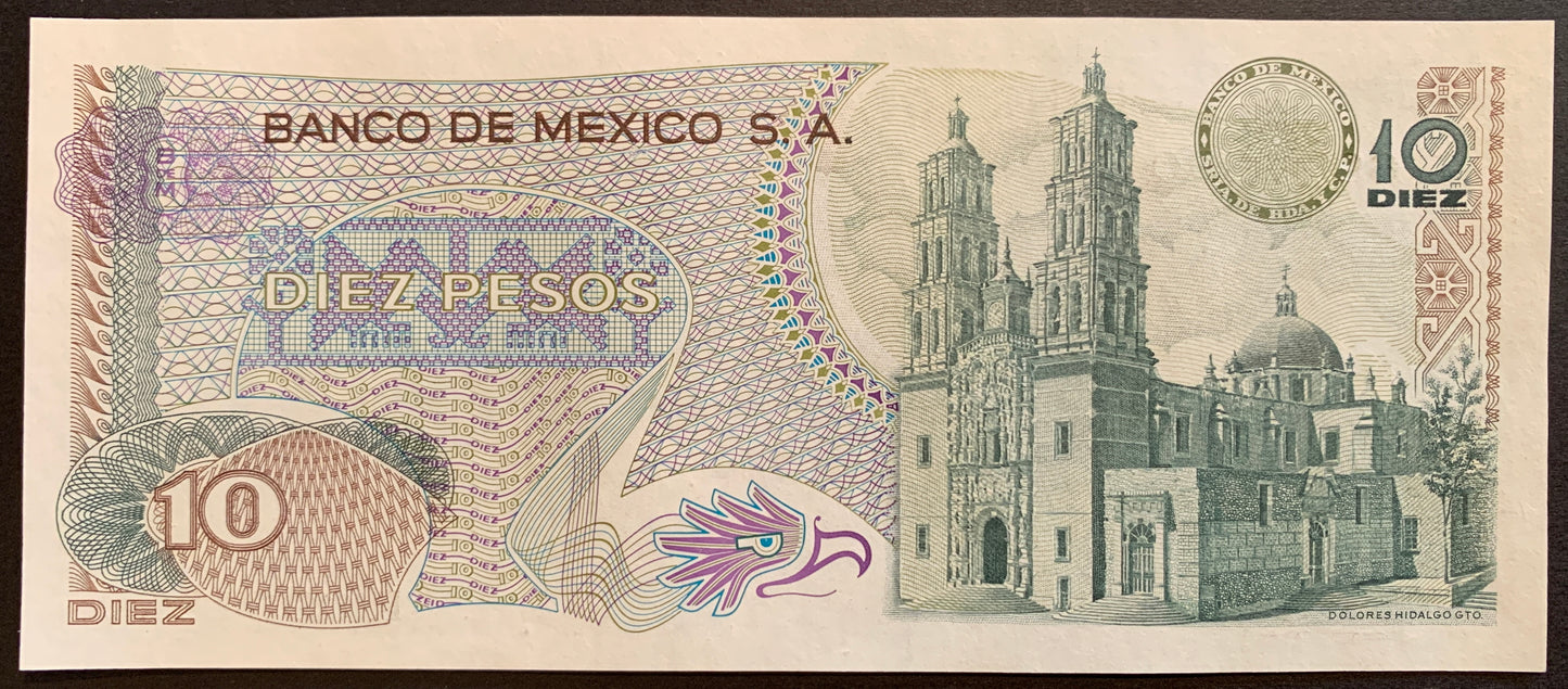 México 10 Pesos 1975 P-63h vintage banknote with temple