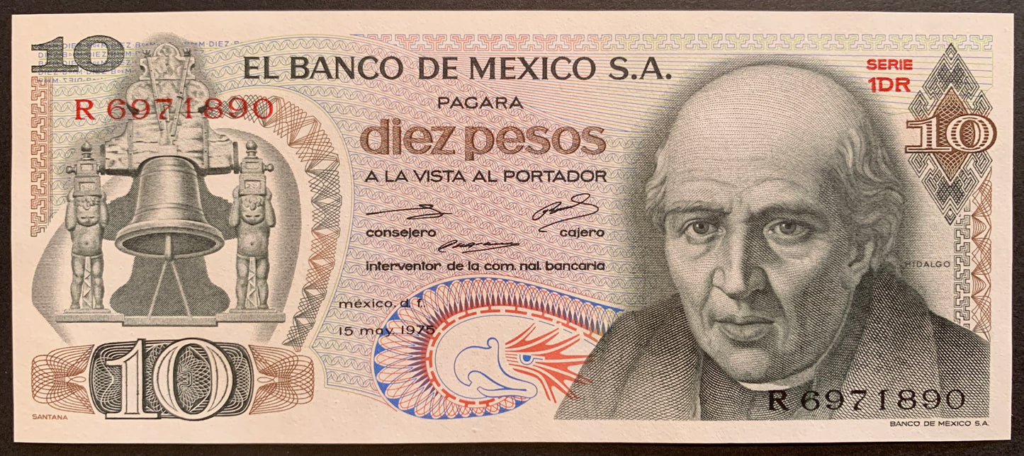 México 10 Pesos 1975 P-63h vintage banknote with bells and portrait of man
