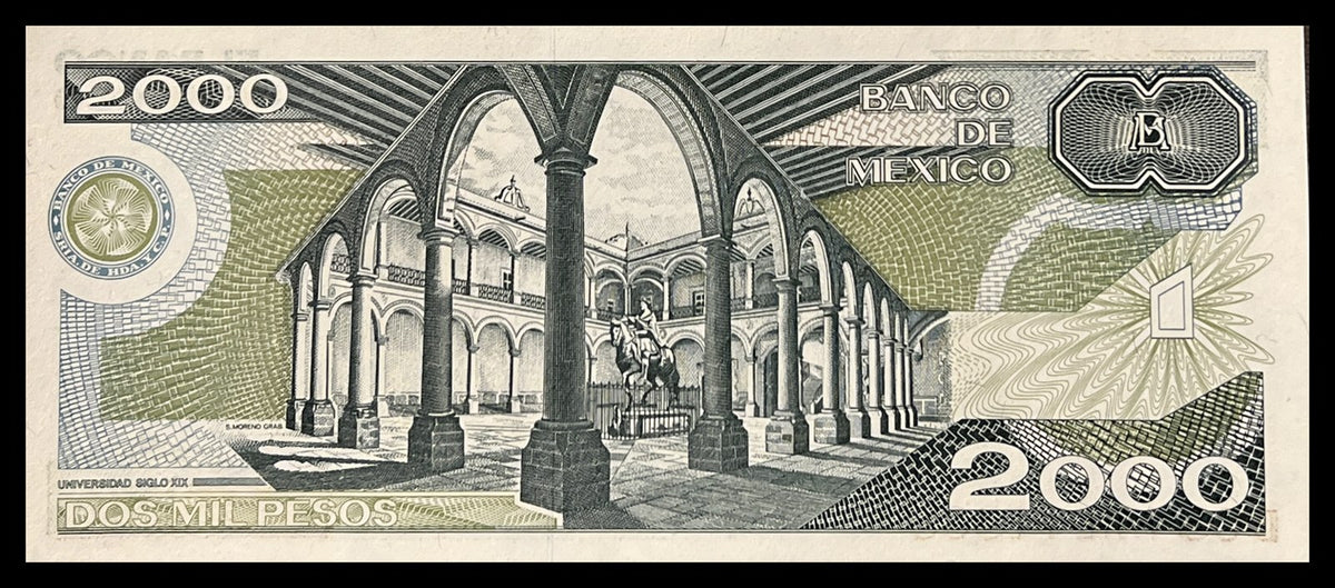 Back view of a 1989 Mexico 2000 Pesos banknote showing the arcaded courtyard of the 19th-century university.
