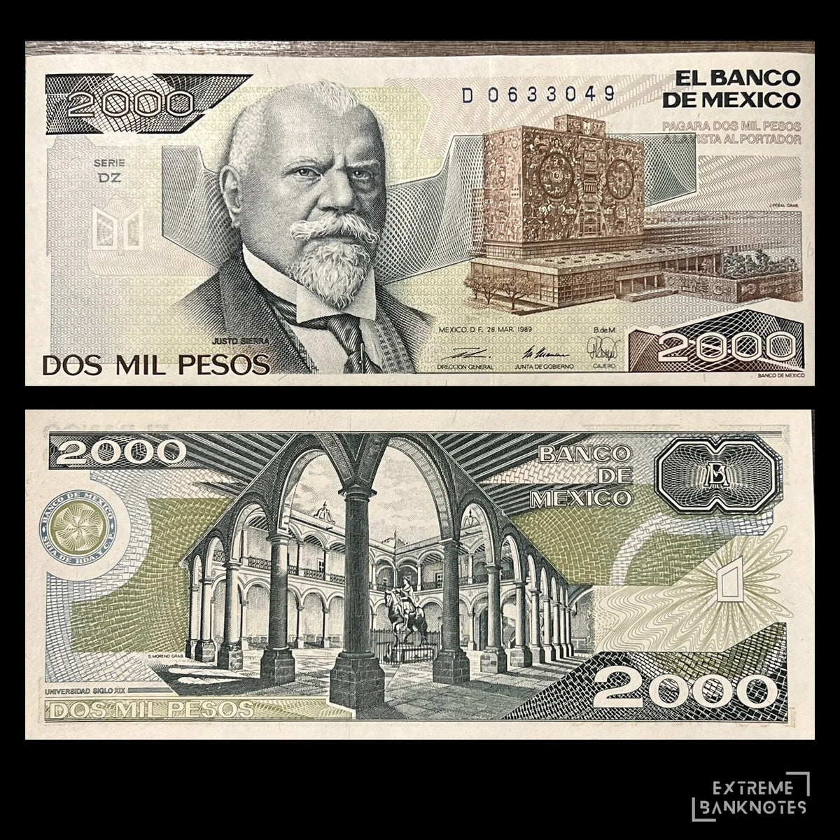 Mexico 2000 Pesos 1989 P-86c AUNC banknote – front with Justo Sierra and the UNAM Central Library, back with the university courtyard