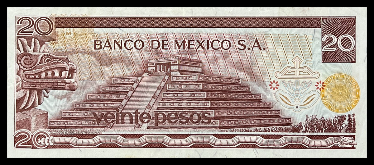 Back view of a 1973 Mexico 20 Pesos banknote showing the Pyramid of Quetzalcóatl at Teotihuacan with a feathered serpent head.