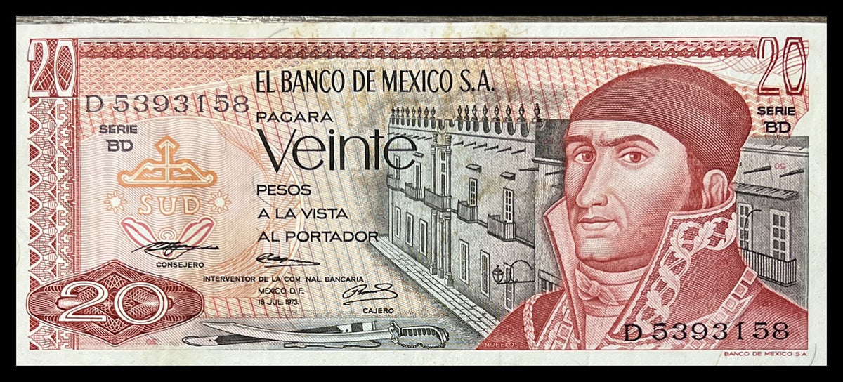 Front view of a circulated 1973 Mexico 20 Pesos banknote featuring José María Morelos and colonial buildings of Morelia.