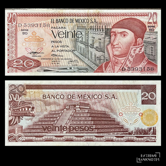 Mexico 20 Pesos 1973 P-64b VF banknote – front with José María Morelos, back with the Pyramid of Quetzalcóatl at Teotihuacan
