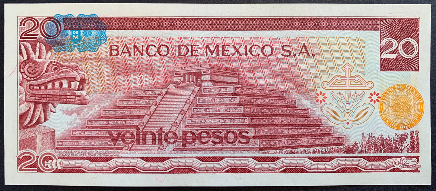 México 20 Pesos 1977 P-64d vintage banknote with Teotihuacan pyramid