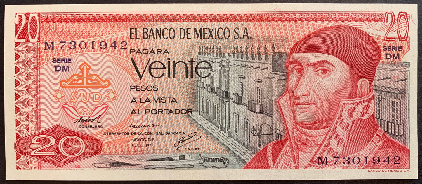 México 20 Pesos 1977 P-64d vintage banknote with portrait of man and buildings